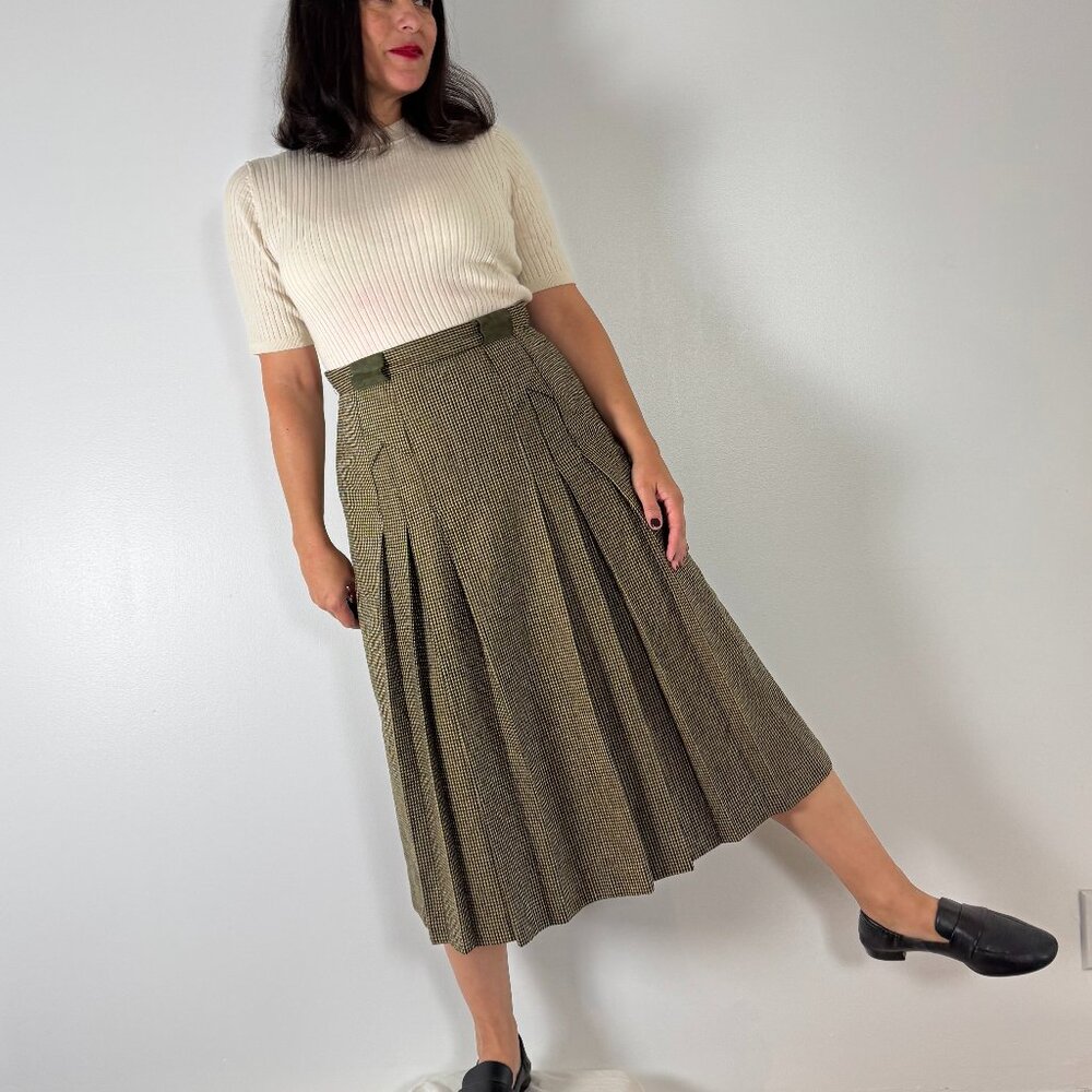 Vintage PROPORTION PETITES Pleated Houndstooth Midi Wool Skirt - Size S - Picture 3 of 11